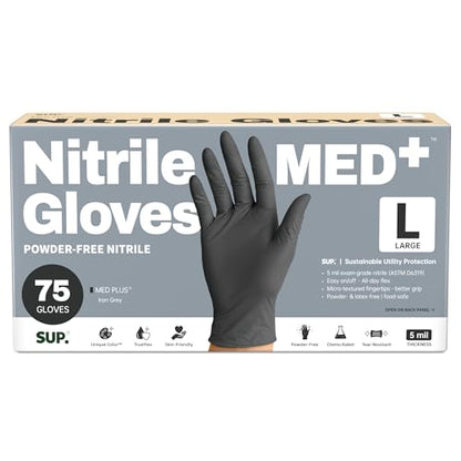 SUP MED+ Black Nitrile Exam Gloves, 5 Mil Disposable Gloves Latex & Powder-Free Medical Food Safe Cooking Glove, 75 or 750 Ct - color: 100 Large (Black)