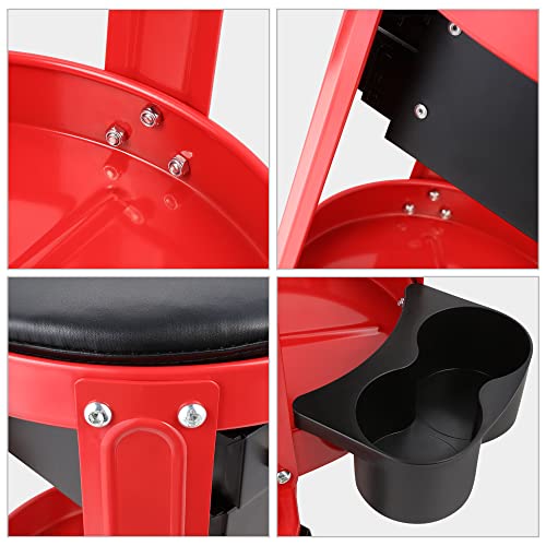 DNA Motoring TOOLS-00197 Round Mechanics Roller Seat Creeper Stool With Padded Cushion, Tool Storage Drawer & Tray, 300 Lbs Max Weight Capacity - color: Red / Black