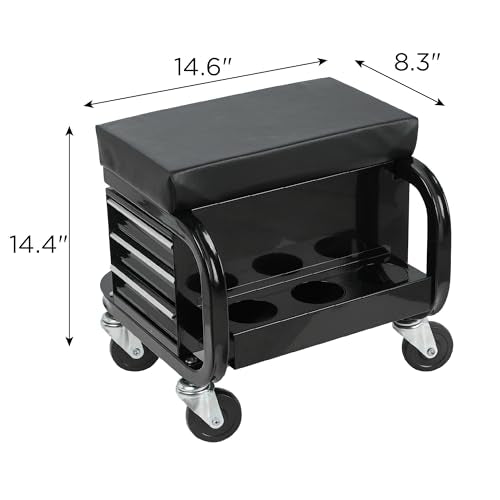 3-Drawer Rolling Mechanic Seat with Tool Chest, 350 lbs Weight Capacity, Reinforced Metal Powder-Coated Finish, Black, with Swivel Casters and Removable Storage Tray (Side drawer) - style: Side drawer