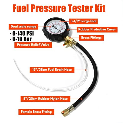 Pro Fuel Injection Pressure Tester Kit, 0-140 PSI Fuel Injector Pressure Tester Tool Kit with 9.49,7.89,6.30 Fuel Line Fittings, Gauge, Quick Coupling for Car Truck Motorcycle Engine Leak Down