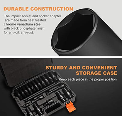 ARTIPOLY 20 Pieces 1/2" Drive Metric Deep Impact Socket Set,10mm-24mm no skip, Includes Extension Bars, Universal Joint and Adapter, 6 Point Design, Meets ANSI Standards - style: 1/2" socket set metric