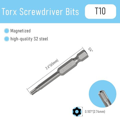 5PCS T10 Magnetic Tamper Proof Torx Screwdriver Bits, 1/4 Inch Hex Shank 2.6 Inch Length S2 Steel Security Drill Torx Head Drill Screw Driver Tools(65mm Long, Star 6 Point) - size: T10