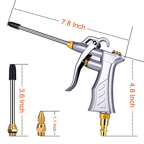 Air Blow Gun w/Copper Adjustable Air Flow Nozzle & 2 Steel Extension | Powerful Air Flow, All-Metal Build, Adjustable Air Flow Nozzle, Metal Hanging Hook, 2 Airflow Extension Tubes for Tight Areas - color: Silvery