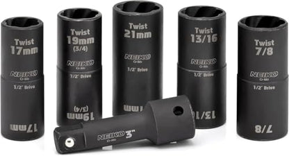 NEIKO 02340A Twist Socket Set, 6 Pc Lug Nut Extractor, SAE & Metric, 1/2 Inch Dr. Impact Flip, 6 Point, CR-Mo Steel Wheel, 3" Impact Extension Bar, Black - size: 6 Piece, Twist Set, style: Flip Socket