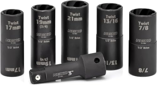 NEIKO 02340A Twist Socket Set, 6 Pc Lug Nut Extractor, SAE & Metric, 1/2 Inch Dr. Impact Flip, 6 Point, CR-Mo Steel Wheel, 3" Impact Extension Bar, Black - size: 6 Piece, Twist Set, style: Flip Socket