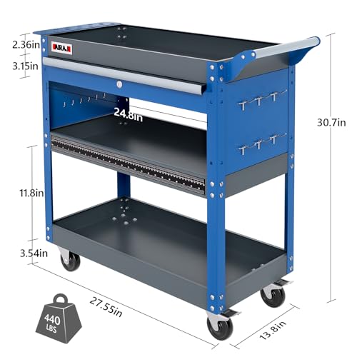 3 Tier Tool Cart,440 LBS Capacity Rolling Tool Cart with Drawers,Heavy Duty Industrial Service Cart on Wheels with Pegboard Hooks for Mechanics,Garage,Warehouse,Workshop,Blue