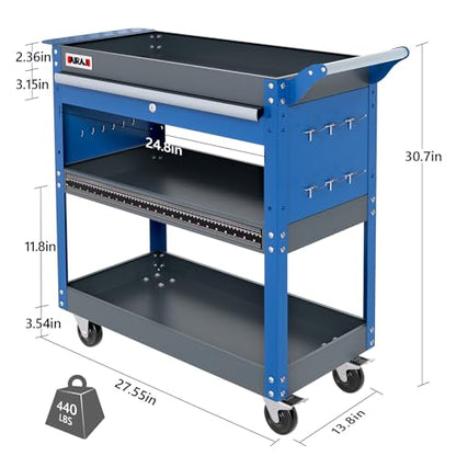 3 Tier Tool Cart,440 LBS Capacity Rolling Tool Cart with Drawers,Heavy Duty Industrial Service Cart on Wheels with Pegboard Hooks for Mechanics,Garage,Warehouse,Workshop,Blue