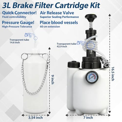 3L Manual Brake Bleeder Kit with Pressure Gauge for Most Vehicles | 1L Waste Bottle with Hook,4 Master Cylinder Adapters,Safety Relief Valve,for Cars,SUVs & Clutch Systems,One-Person Operation