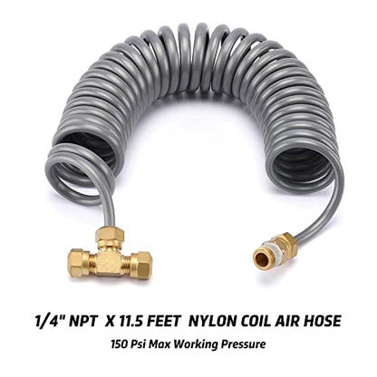 Heavy Duty Truck Air Seat Blow Gun Kit, Lever Air Blow Gun with 2 Nozzle Tips, 1/4 Inch NPT X 11.5 Feet Nylon Coil Air Hose. Air Duster Blow Gun, Dust Cleaner with Nozzles - size: Gray Hose