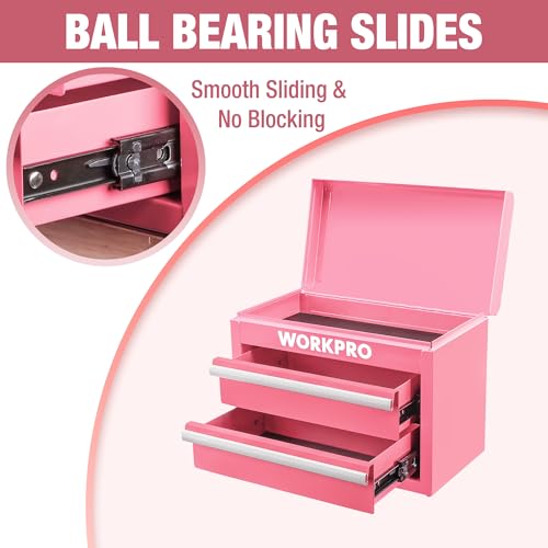 WORKPRO Metal Mini Tool Box with 2 Drawers and Top Storage | Cold Rolled Steel Toolbox, Ball Bearing Slides, PVC Drawer Liners, PP Feet Pads, Durable Storage - color: Pink