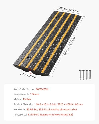 VEVOR Car Driveway Rubber Curb Ramp, 1 Pack 4FT Long Heavy Duty Low Profile Slope Ramps, 2.6’’ Rise, 33069 lbs Load Capacity, Reflective Safety Strips, for Vehicles, RVs, and Wheelchairs - size: 48.8-inch-Long (1 Pack)