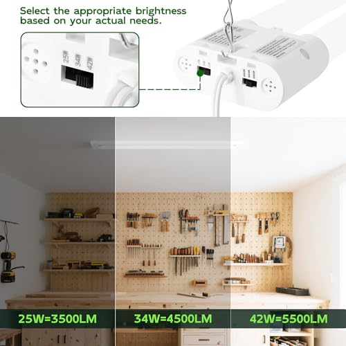 Hlite 4FT LED Shop Lights with Power Cord 5500LM,3 Power Level&3CCT,6 Pack | Linkable Utility Shop Light 4000K/5000K/6500K Tunable,5W/34W/42W Switchable,Shop Lights for Garage,Workshop,Warehouse