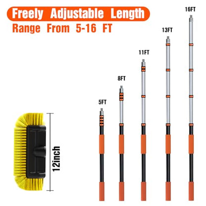 LAANPOLE 16FT Car Wash Brush with Long Handle, Car Cleaning Brush with 12 Inch Soft Bristle, Solar Panels Cleaner with Telescoping Pole for RV, Truck, Boat, House Siding - size: 16FT