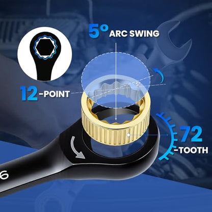 8PCS SAE Ratcheting Wrench Set, 72-Tooth Combination Wrench Set, 5/16"-3/4" | 5-Degree Swing Arc for Tight Spaces, CR-V Steel, Rust-Resistant Black Finish with Storage Organizer - size: SAE