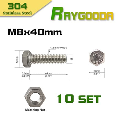 M8-1.25x40mm Hex Bolt and Nut Kit 10set, 304 Stainless Steel (A2-70), Full Thread, Bright Finish, Machine Threaded for Automotive, Machinery, DIY - size: M8x40mm(10 Sets）