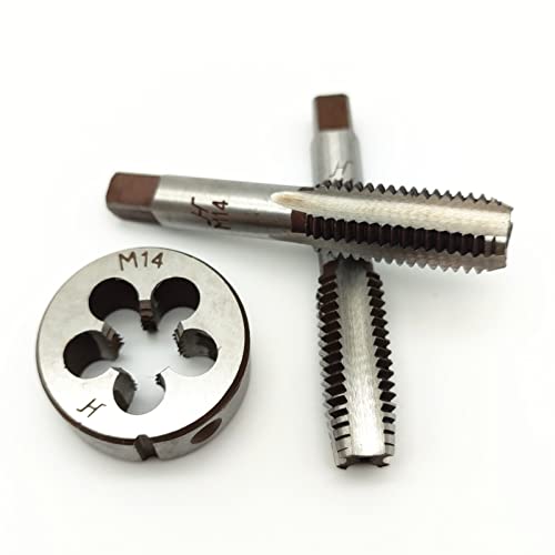 AtticZone M14 x 2.0 Metric Hand Thread Tap and Die Set, Right Hand 14 * 2.0, Alloy Tool Steel, 1 Taper Tap, 1 Plug Tap, 1 Round Die for Metal Working DIY Industrial - size: M14x2.0