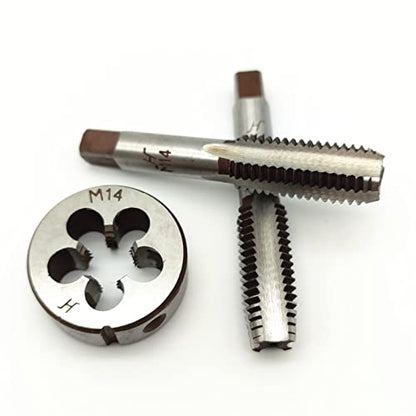 AtticZone M14 x 2.0 Metric Hand Thread Tap and Die Set, Right Hand 14 * 2.0, Alloy Tool Steel, 1 Taper Tap, 1 Plug Tap, 1 Round Die for Metal Working DIY Industrial - size: M14x2.0