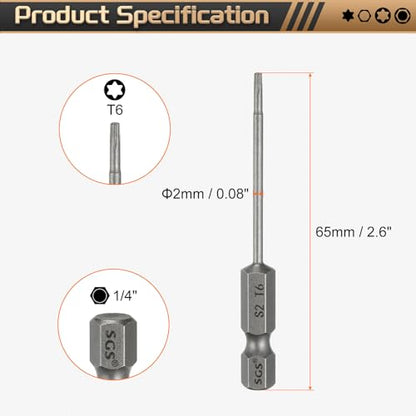 HARFINGTON 3pcs T6 Torx Head Screwdriver Bit 1/4" Hex Shank 2.6" (65mm) Long Magnetic No Hole Tip Tamper Proof 6 Point Star Screw Driver Drill Bits S2 Steel Industrial Power Screwdrivers - size: T6 x 2.6"(65mm)