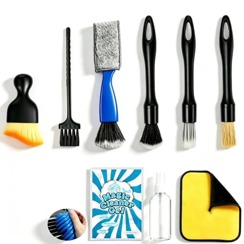 Riomh 9 Pcs Car Detailing Brushes Kit, Car Interior Cleaning Supplies with Cleaning Gel | car detailing brushes, cleaning gel & microfiber cleaning cloth, Safe for leather, vents, dash. Ideal for truck, auto, RV
