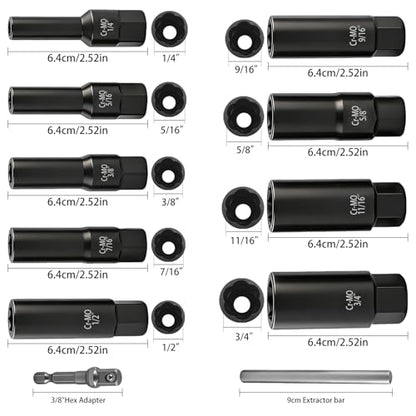 11PCS Bolt Extractor Set, Spiral Deep Well Sockets for Damaged Bolts | Cr-Mo steel, Reverse spiral grip, Deep well design, 3/8" adapter included, fits stripped, Rusted bolts and spark plugs