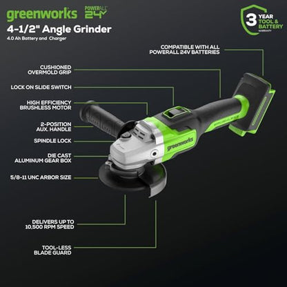 Greenworks 24V Brushless 3 pcs Cordless Power Tool Combo Kit, include Drill Driver, Angle Grinder, Impact Driver, 1 x 4Ah Batteries, 1 x 2Ah Batteries and 1× 2A Charger - size: 3PCS Combo Kits(Drill+Driver+Angle Grinder)