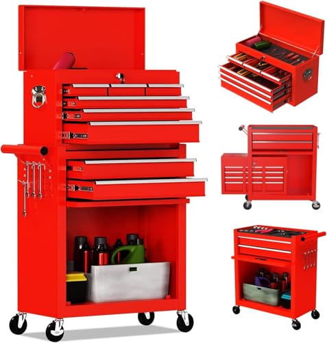 8-Drawer High Capacity Rolling Tool Chest, Removable Cabinet Storage Tool Box with Wheels and Drawers - color: Red