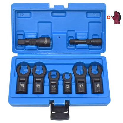8PCS Flex Head Crows Foot Line Wrench Set, Injector Fuel Line Sockets Wrench Set with 3/8" & 1/2" Drive, Metric Crowfoot Flare Nut Socket Wrench for 12 14 16 17 18 19 mm Nuts, with Extension Bar - size: 8pcs