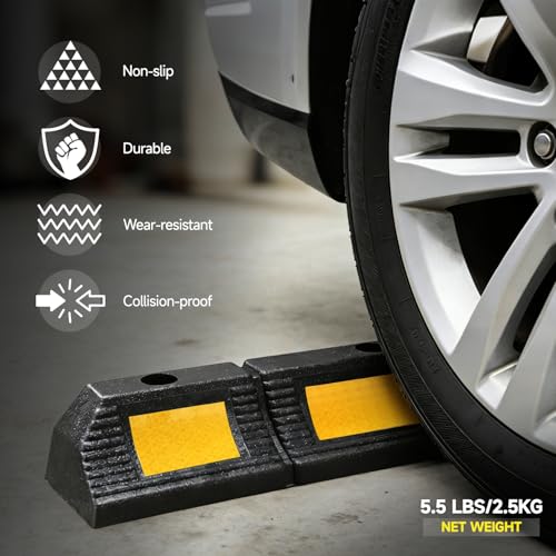 DNA Motoring 2 Pack 22.8" Parking Stopper for Garage, Heavy Duty Garage Parking Aid, Parking Gadgets Protects Car and Garage Walls, w/Reflective Yellow Tape Curb, 22.8" L x 4.33" W x 3.34" H - style: 1 side Reflective Strip