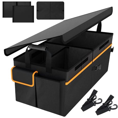 95L Car Trunk Organizer with 2 Tie-Down Straps&2 Removable Dividers|Foldable Cover,Multi-Compartment Collapsible Storage Box for SUV&Sedan&Truck|Non-Slip Bottom,3mm Durable PE Board Construction