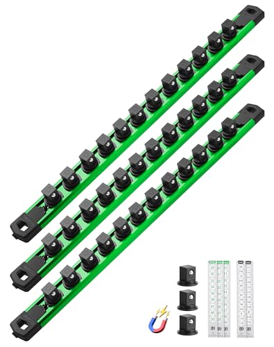 ALOANES Magnetic Socket Organizer Set, 3-Piece Heavy Duty Aluminum Socket Rails, 360° Swivel Clips Socket Rail Kit for Tool Tray Drawer Fit 1/2-Inch x 36 Clips (Green, 3PC) - color: Green, size: 3PC, 1/2-Inch Drive
