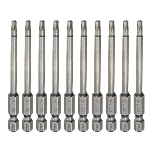 HARFINGTON 10pcs T15 Torx Head Screwdriver Bit 1/4" Hex Shank 3" (75mm) Long Magnetic No Hole Tip Tamper Proof 6 Point Star Screw Driver Drill Bits S2 Steel Industrial Power Screwdrivers - size: T15 x 3"