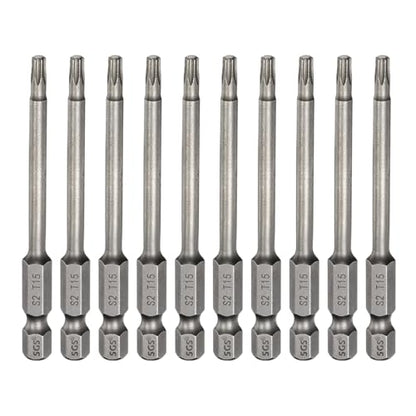 HARFINGTON 10pcs T15 Torx Head Screwdriver Bit 1/4" Hex Shank 3" (75mm) Long Magnetic No Hole Tip Tamper Proof 6 Point Star Screw Driver Drill Bits S2 Steel Industrial Power Screwdrivers - size: T15 x 3"