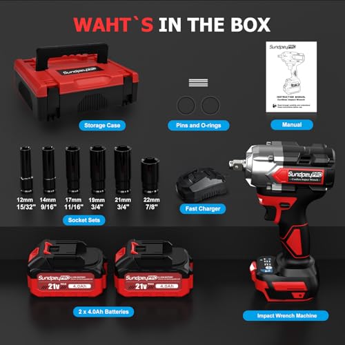 Cordless Impact Wrench 750Ft-lbs - 21V 1/2" Brushless Electric Impact Gun Set with 2 x 4.0Ah Batteries & 5 Sockets& Fast Charger & Sturdy Case for Truck & RV Red