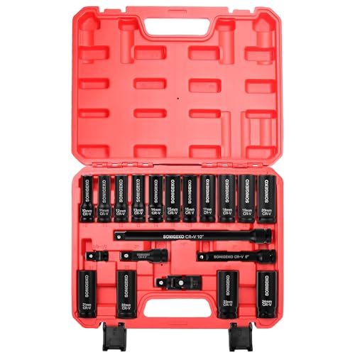 Socket Set 1/2" Drive Impact Socket Set,20-Piece 6 Point Deep, Metric CR-V Steel Sockets with Extension Bars, Universal Joint and Adapter(1/2" 20 PCS Metric) - size: 20 PCS, 1/2" Socket Set, Metric