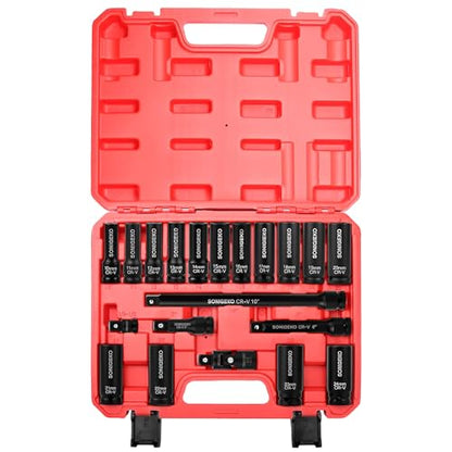 Socket Set 1/2" Drive Impact Socket Set,20-Piece 6 Point Deep, Metric CR-V Steel Sockets with Extension Bars, Universal Joint and Adapter(1/2" 20 PCS Metric) - size: 20 PCS, 1/2" Socket Set, Metric