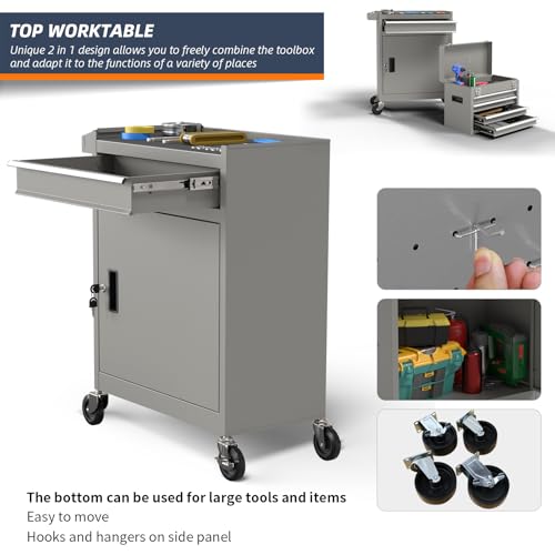 5-Drawer High Capacity Rolling Tool Box, Removable Cabinet Storage Tool Chest with Wheels and Drawers, Detachable Toolbox with Lock for Mechanics Garage Workshop and Tool Room (Grey)