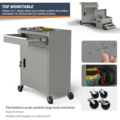 5-Drawer High Capacity Rolling Tool Box, Removable Cabinet Storage Tool Chest with Wheels and Drawers, Detachable Toolbox with Lock for Mechanics Garage Workshop and Tool Room (Grey)