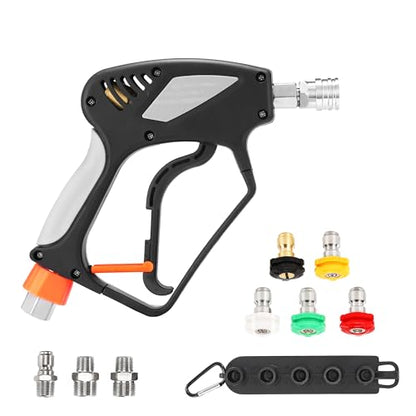 PWACCS Short Pressure Washer Gun with Swivel, 5000 PSI, Black | Power Washer Gun, 3/8" Quick Connector, M22 14mm/15mm Fitting, 5 Nozzle Tips with Holder - size: 3/8 Inch