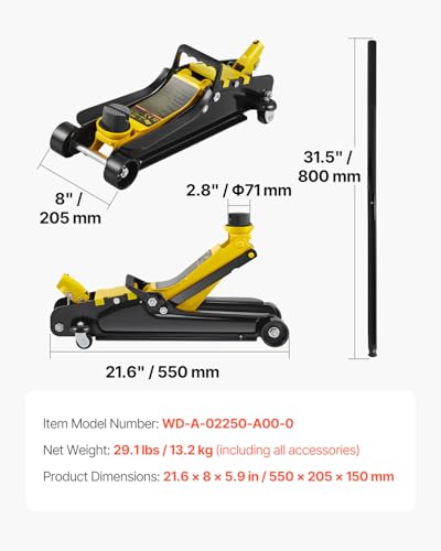 VEVOR 2.5 Ton Low Profile, Heavy-Duty Steel Racing Floor Jack with Single Piston Lift Pump, Lifting Range 3.35"-14.96" - size: 2.5T
