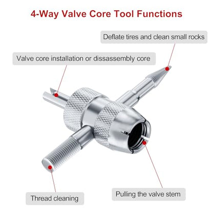 SUNSOUL 102PCS Schrader Tire Valve Cores with 4-Way Valve Core Removal Tool | Easy to Install, Nickel Plated Surface, 100% Leakage Tested, Max 300 PSI, Fits Car, Motorcycle, ATV, RV, Bicycle