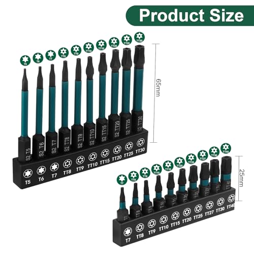 20pcs Impact Security Torx Set, S2 Steel Star Driver Kit (25mm T7-T40 & 65mm T5-T30), Mixed Solid & Tamper-Proof CNC Tips for Automotive, Electronics & DIY Repairs - size: 20 Pieces