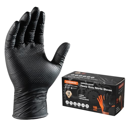 ANBOSON 10 Mil Heavy Duty Diamond Texture Nitrile Gloves, Large, 100 Ct | Textured Diamond Grip for Wet & Oily Surfaces, Puncture & Chemical Resistant, Powder-Free, Latex-Free - color: Black of 100, size: Large