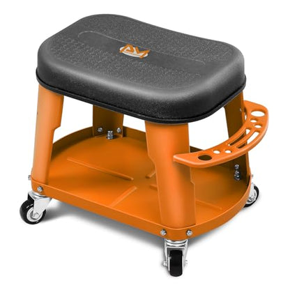 PM PERFORMOTOR Adjustable Height Pneumatic Garage Seat Rolling Mechanic Stool with Tool Tray Storage,300lbs Max Weight Capacity, Orange,PM-TOL-RTS-OG