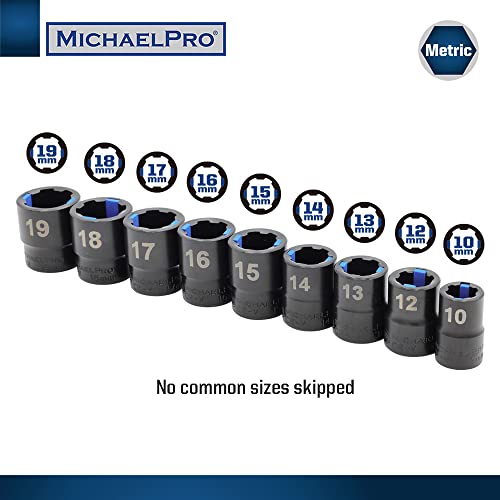 MichaelPro 18-Piece Bolt Extractor Wrench and Socket Set, 45° Offset Wrenches Metric 6-19mm, 6-Point Box End Nut for Rounded, Stripped & Thin Bolts Removal, CR-V Steel, Extractor Sockets 10-19mm
