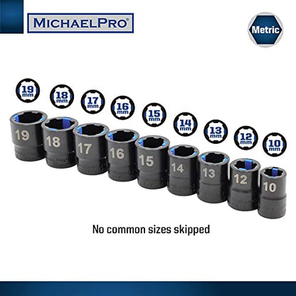 MichaelPro 18-Piece Bolt Extractor Wrench and Socket Set, 45° Offset Wrenches Metric 6-19mm, 6-Point Box End Nut for Rounded, Stripped & Thin Bolts Removal, CR-V Steel, Extractor Sockets 10-19mm