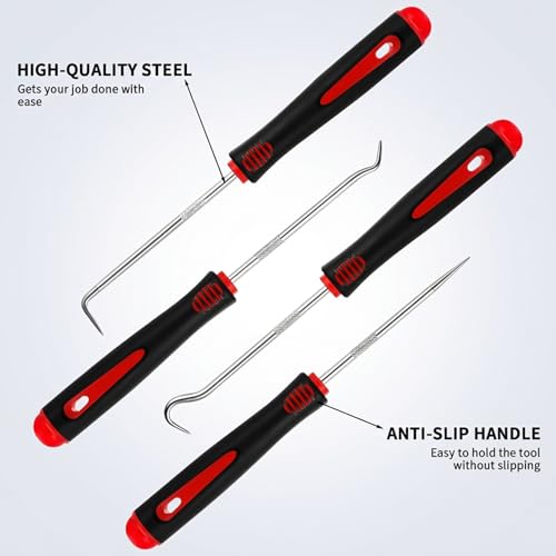 4 Pc Pick & Hook Set,Precision Automotive Tool for Oil Seal O-Ring Remover | 6.5 Inch Stainless Steel Hooks with Non-Slip Handle for Car Repair,Gaskets,Hose,Practical Tool Gifts for Men