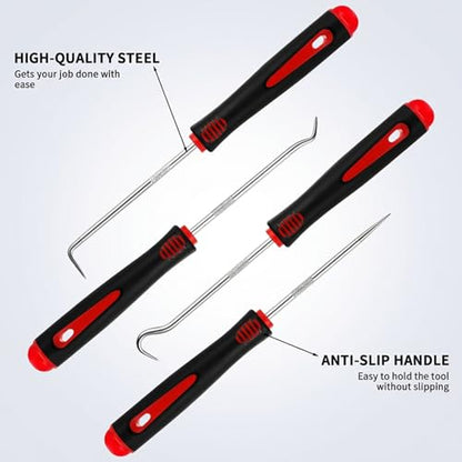 4 Pc Pick & Hook Set,Precision Automotive Tool for Oil Seal O-Ring Remover | 6.5 Inch Stainless Steel Hooks with Non-Slip Handle for Car Repair,Gaskets,Hose,Practical Tool Gifts for Men