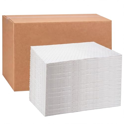 Hoolerry 100 Pcs Oil Absorbent Pads Bulk Heavy Weight Dimpled Garage Absorbing Pad Water Absorbent Mat Trimmable Oil Spill Mat for Garage Floor Workshop Auto Fluid Cleanup (9.8 x 13 Inch,White) - color: White, size: 9.8 x 13 Inch