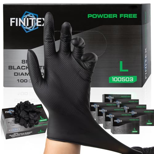 FINITEX Industrial Diamond Texture Nitrile Black Glove - 100/1000PCS Chemical Resistant 8mil Mechanic Disposable Gloves - color: Black (Large 1000)