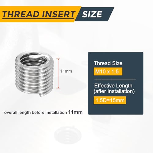 HARFINGTON 20pcs Wire Thread Repair Inserts M10 x 1.5 x 1.5D (15mm) Metric 304H Stainless Steel Helical Coiled Wire Screw Threaded Sleeve Sheath for Automotive Repairs - size: M10 x 1.5 x 1.5D
